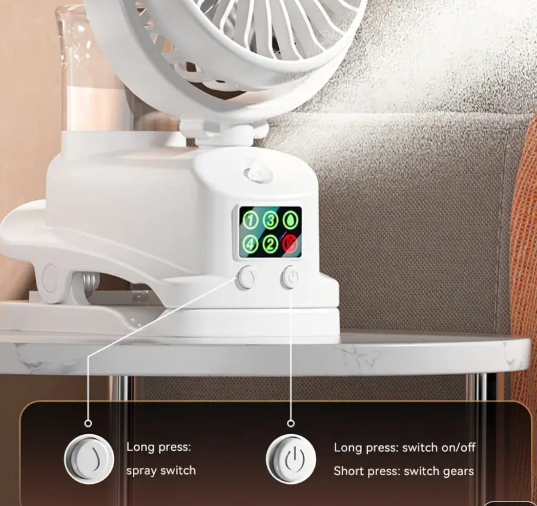 2-in-1 Clip-On Desk Fan & Humidifier, Rechargeable Personal Cooling Fan with Mist, 148mm Compact Size